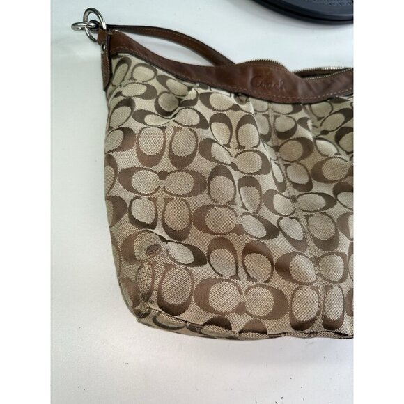 WORN - COACH F13744 Brown Signature Ashley Shoulder Leather trim Hobo Bag - Picture 9 of 12
